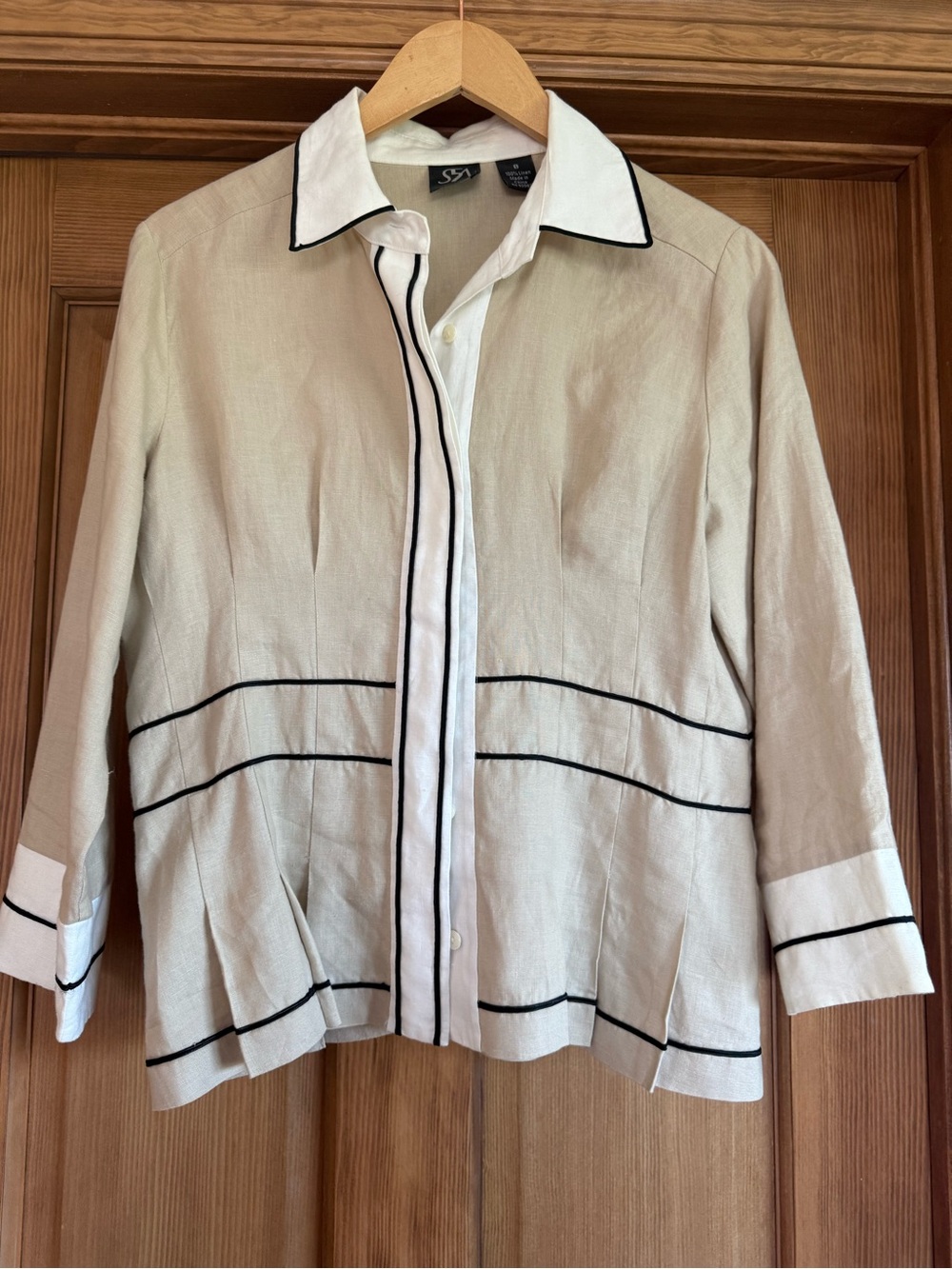 Saks Fifth Avenue Beige and White Linen Top